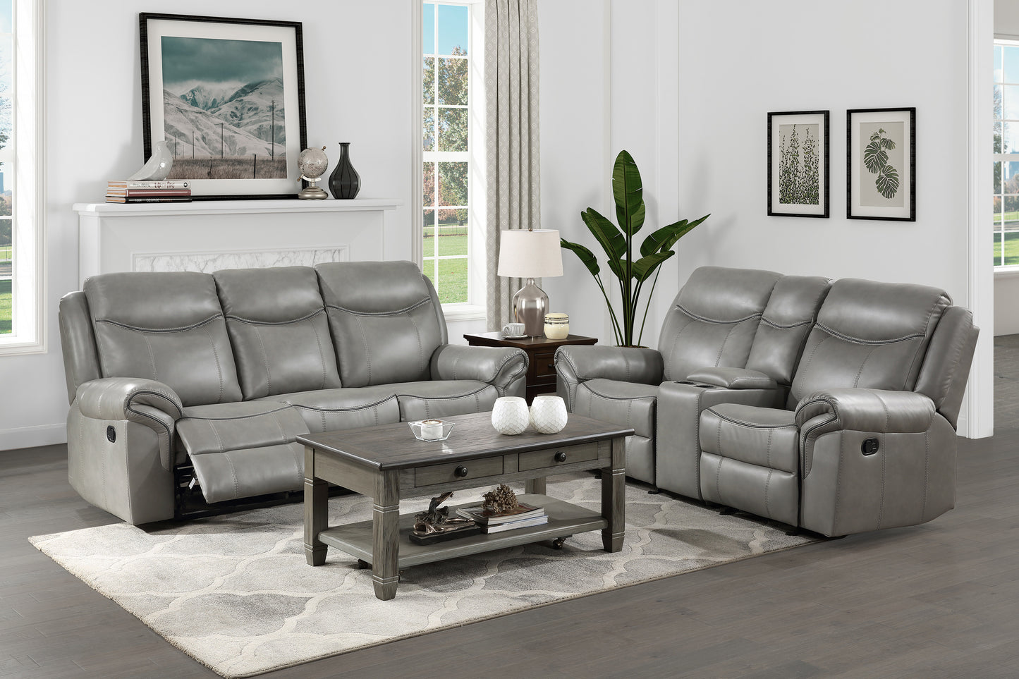 Theron Gray Faux Leather Reclining Sofa Set – 2-Piece 88.5" Sofa & Glider Loveseat