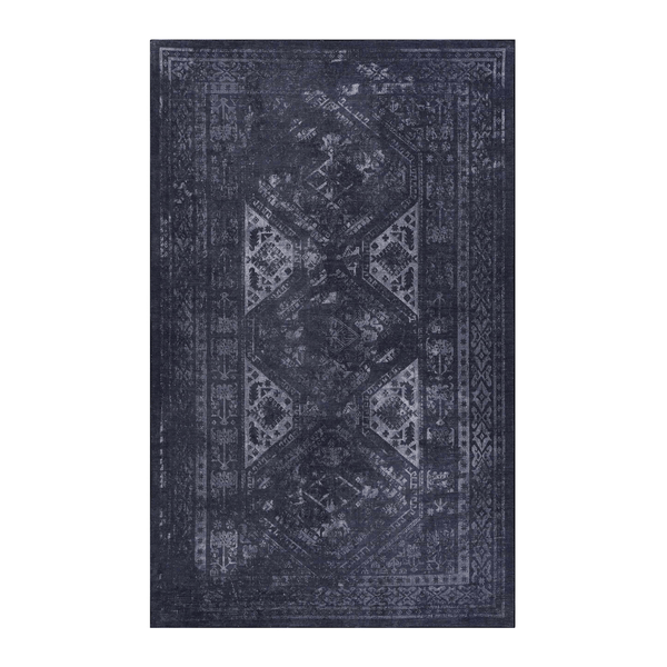 Black and gray patterned rectangular area rug, featuring intricate designs and a stylish modern look.