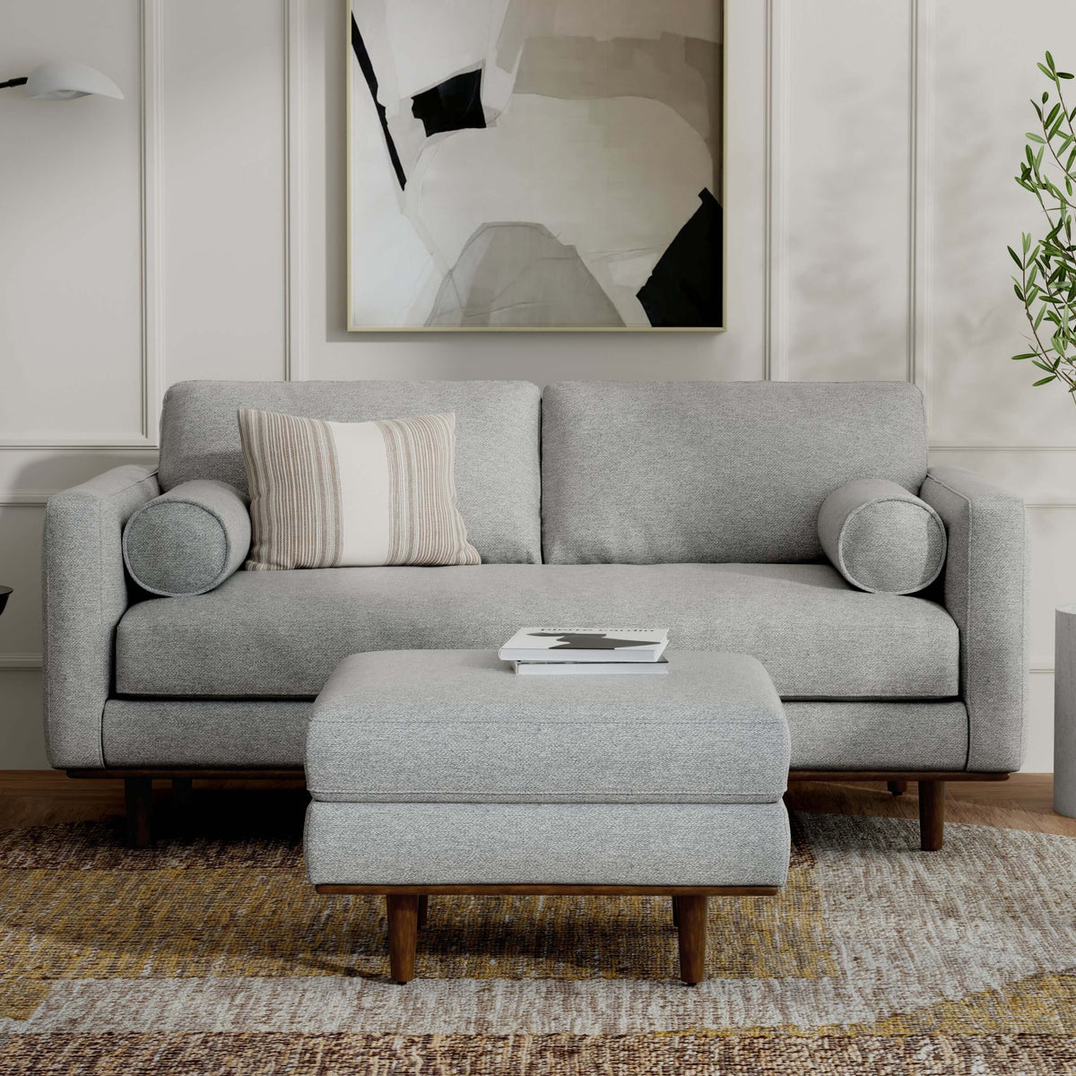 Morrison MCM Fabric Loveseat Sofa 72" – Modern Mid-Century Compact Loveseat (2 Colors) in a stylish living room setting.