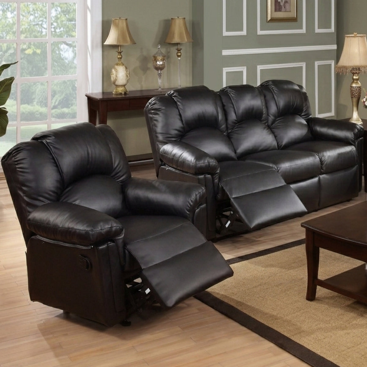 Brennan Black Bonded Leather Reclining Sofa & Recliner Set