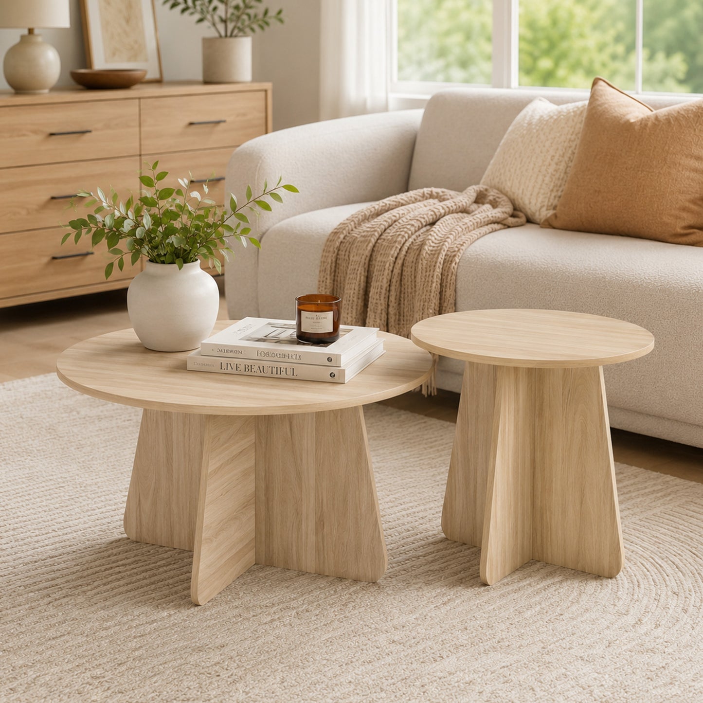 Mateo Round Nesting Coffee Table Set – 31.5" & 23.6" Crisscross-Leg Tables (2-Piece)