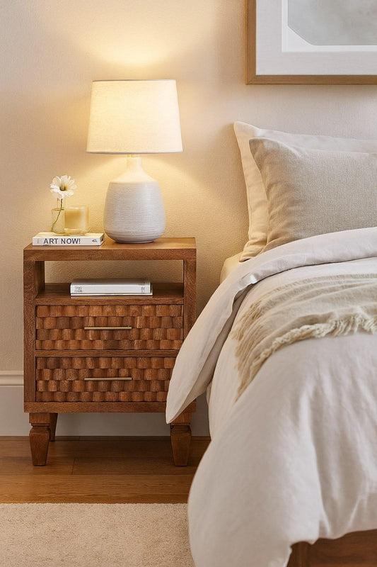 Arno Golden Teak Mango Wood Nightstand – 17.7" Carved 2-Drawer Nightstand with Shelf