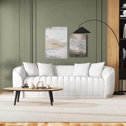 Mid-Century Modern Channel Tufted Boucle Sofa 92" – Markus Cream Boucle Couch