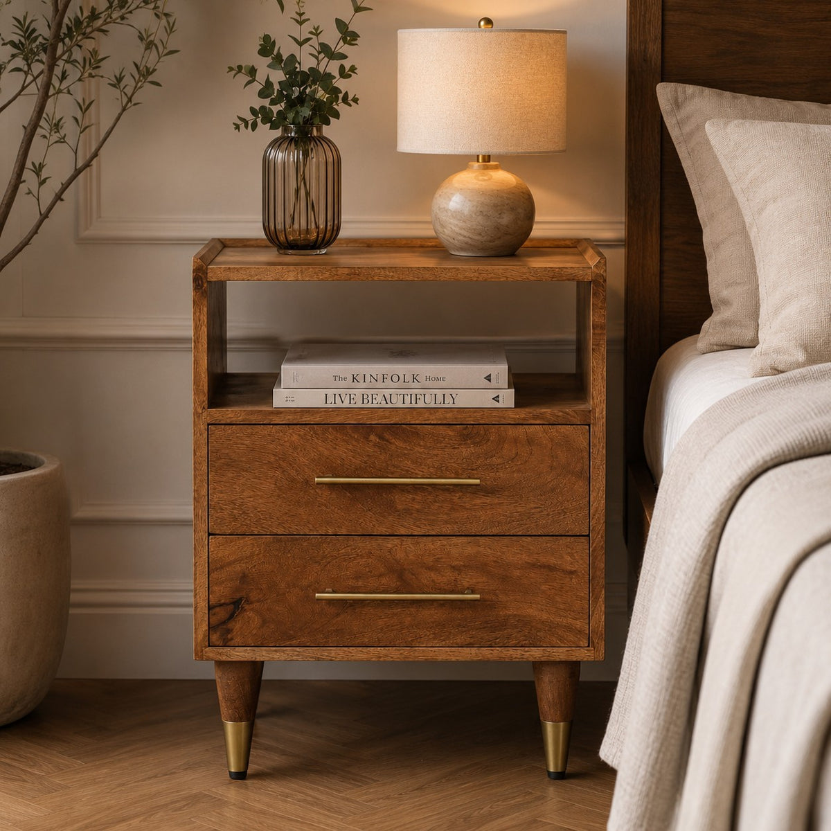 Valenza Brass Accent Mango Wood Nightstand