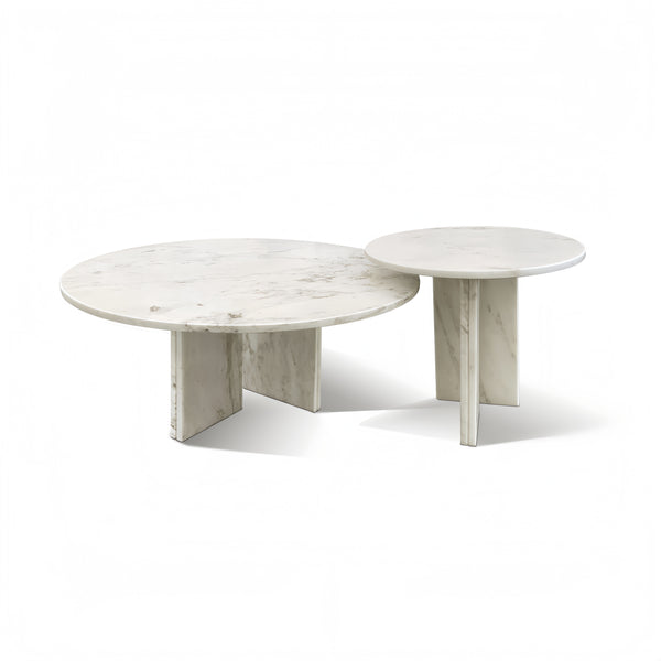 Luxury Snow Mountain White Natural Marble Coffee Table Set with Metal Base, Small Living Room Tables