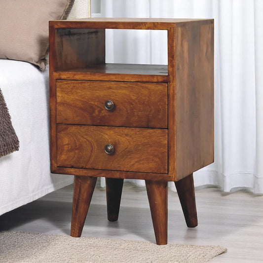 Toby Chestnut Mango Wood Mini Bedside Table – 19.7" Low 2-Drawer Nightstand with Open Slot