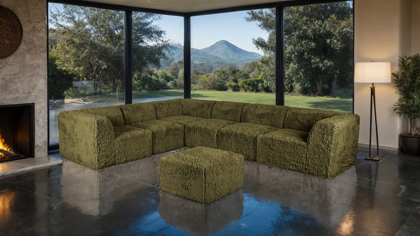Fable Faux Fur L-Sectional Sofa – 7-Piece Olive Green Modular Sofa – view 6