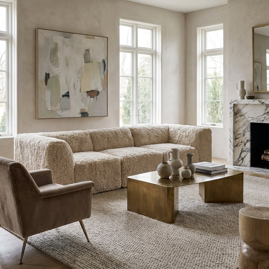Fable Faux Fur Modular Sofa – 107" Sand Sectional, 2 Corner Wedges + Chair – view 2