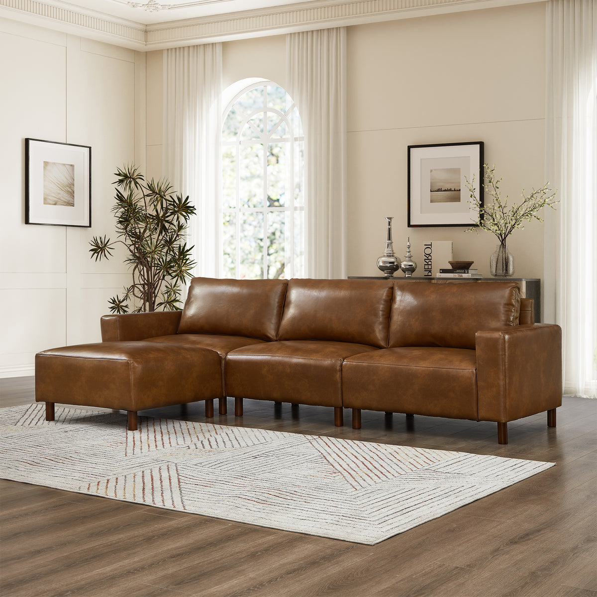 Fable PU Leather L-Shaped Sectional Sofa – 112" Brown Sofa with Convertible Ottoman – view 3