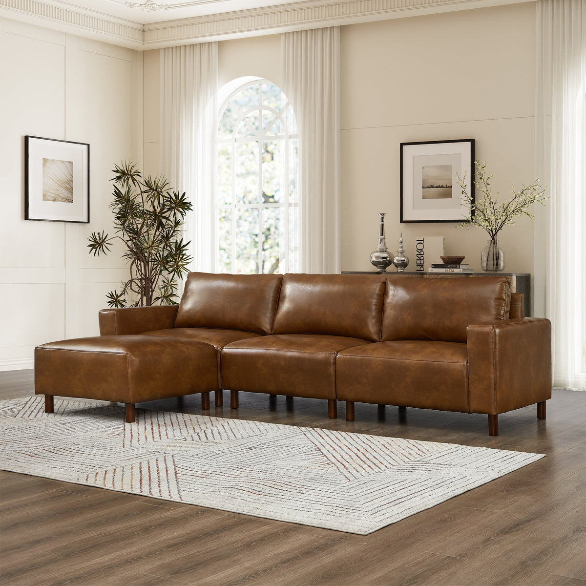 Nigel brown PU leather sectional, 3 seats + 1 convertible ottoman, 112 inch - photo 3 (4-piece set)