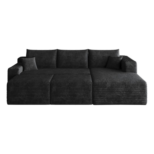 Faelan Corduroy Cloud Sectional – 95" Black U-Shape Sofa with 2 Ottomans