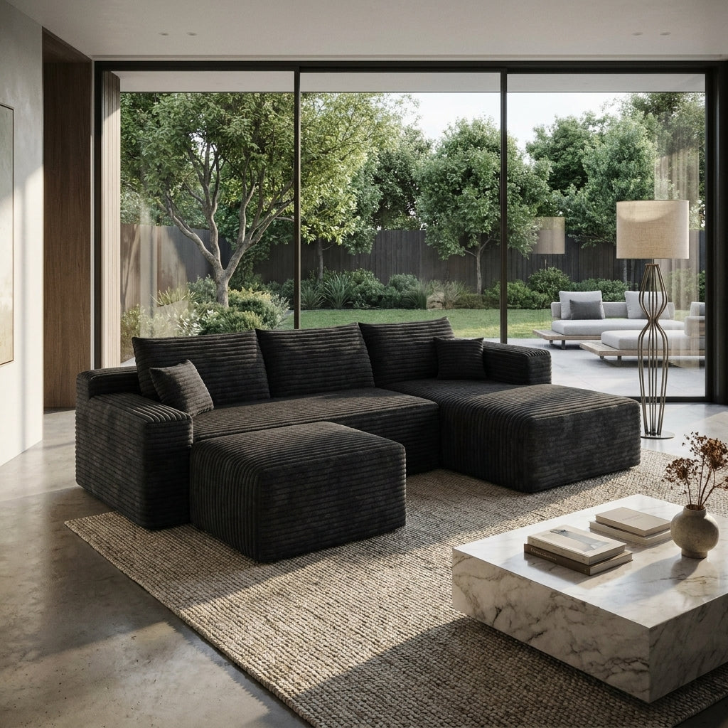 Faelan Corduroy Cloud Sectional – 95" Black U-Shape Sofa with 2 Ottomans – view 3