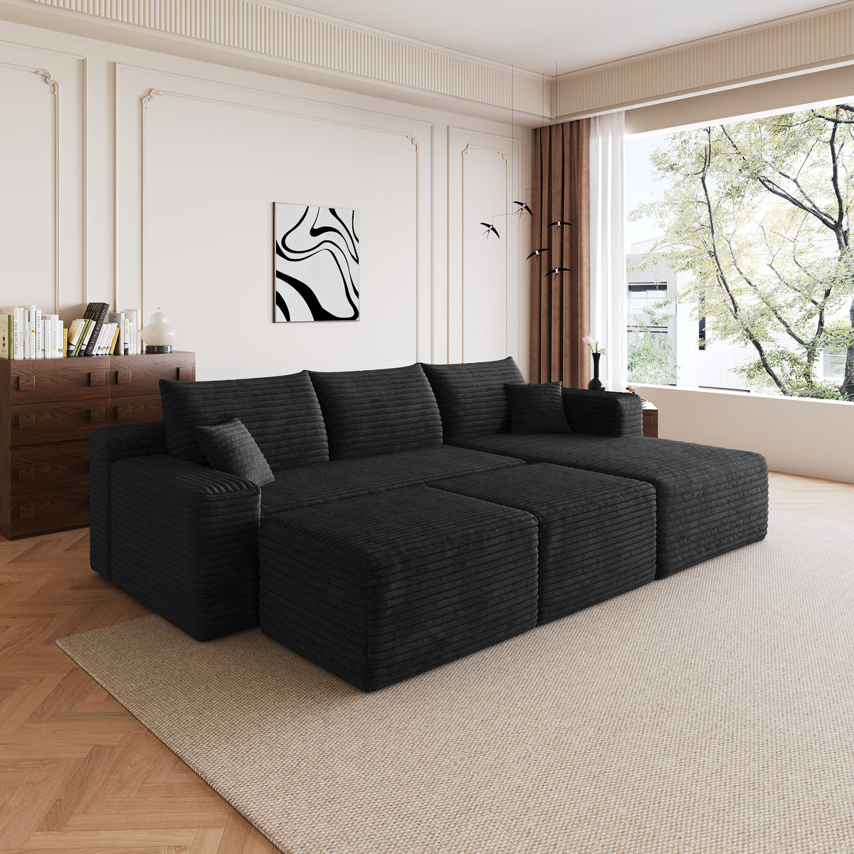 Faelan Corduroy Cloud Sectional – 95" Black U-Shape Sofa with 2 Ottomans – view 8