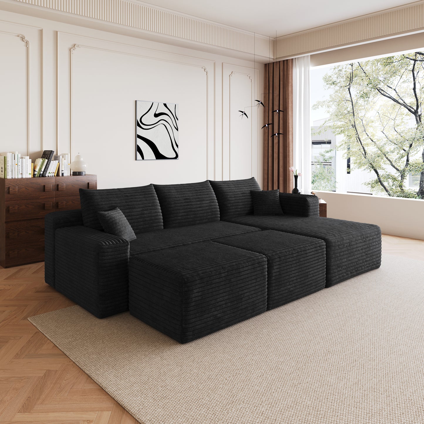 Faelan Corduroy Cloud Sectional – 95" Black U-Shape Sofa with 2 Ottomans – view 8