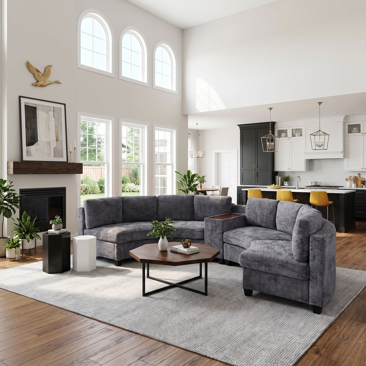 Faelan Curved Chenille Modular Sectional Sofa – 4-Seat Console Sofa with USB & Wireless Charging, 2 Colors – view 5