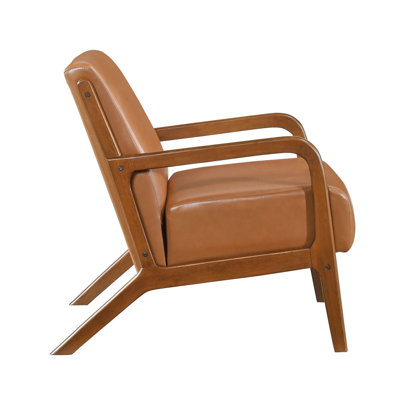 Faux Leather Walnut Finish Armchair – Mid-Century Modern Wood Frame Accent Chair in a side view showcasing its design.