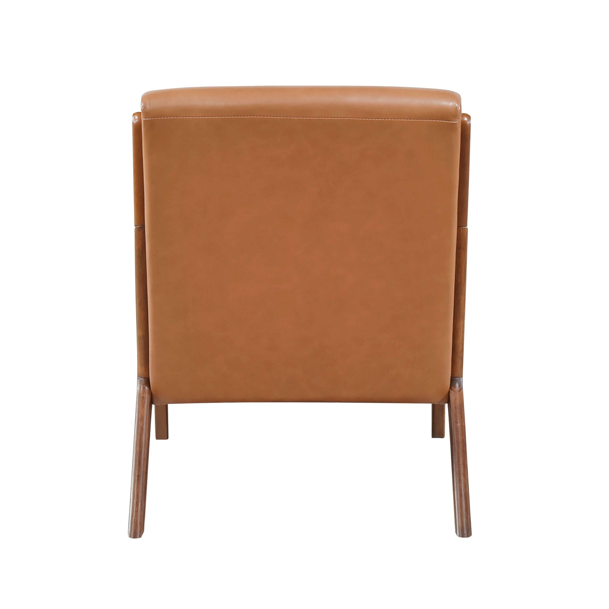 Faux Leather Walnut Finish Armchair – Mid-Century Modern Wood Frame Accent Chair back view showcasing faux leather and walnut finish.