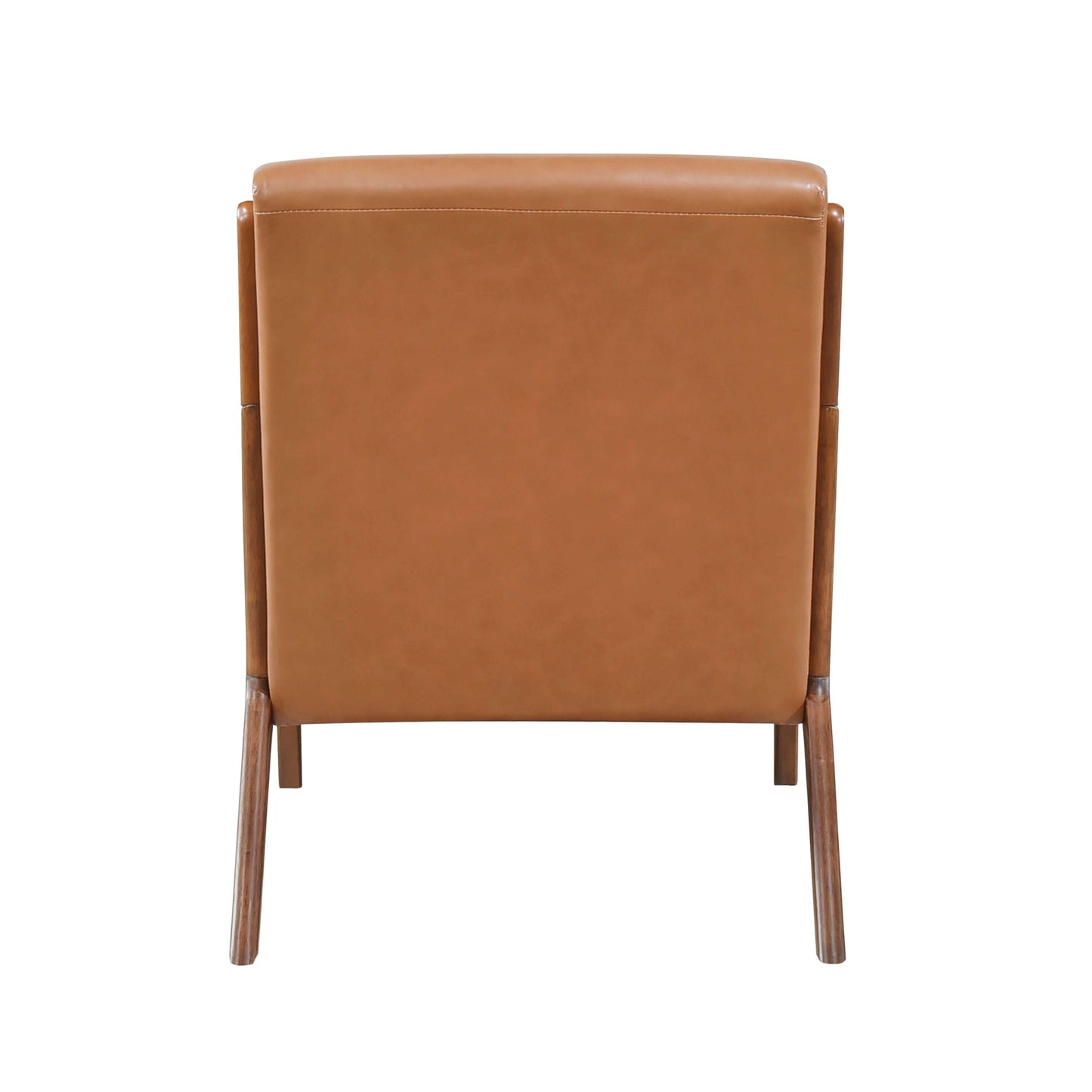 Faux Leather Walnut Finish Armchair – Mid-Century Modern Wood Frame Accent Chair back view showcasing faux leather and walnut finish.