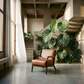 Faux Leather Walnut Finish Armchair – Mid-Century Modern Wood Frame Accent Chair