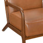 Faux Leather Walnut Finish Armchair – Mid-Century Modern Wood Frame Accent Chair with rich walnut frame and smooth faux leather.
