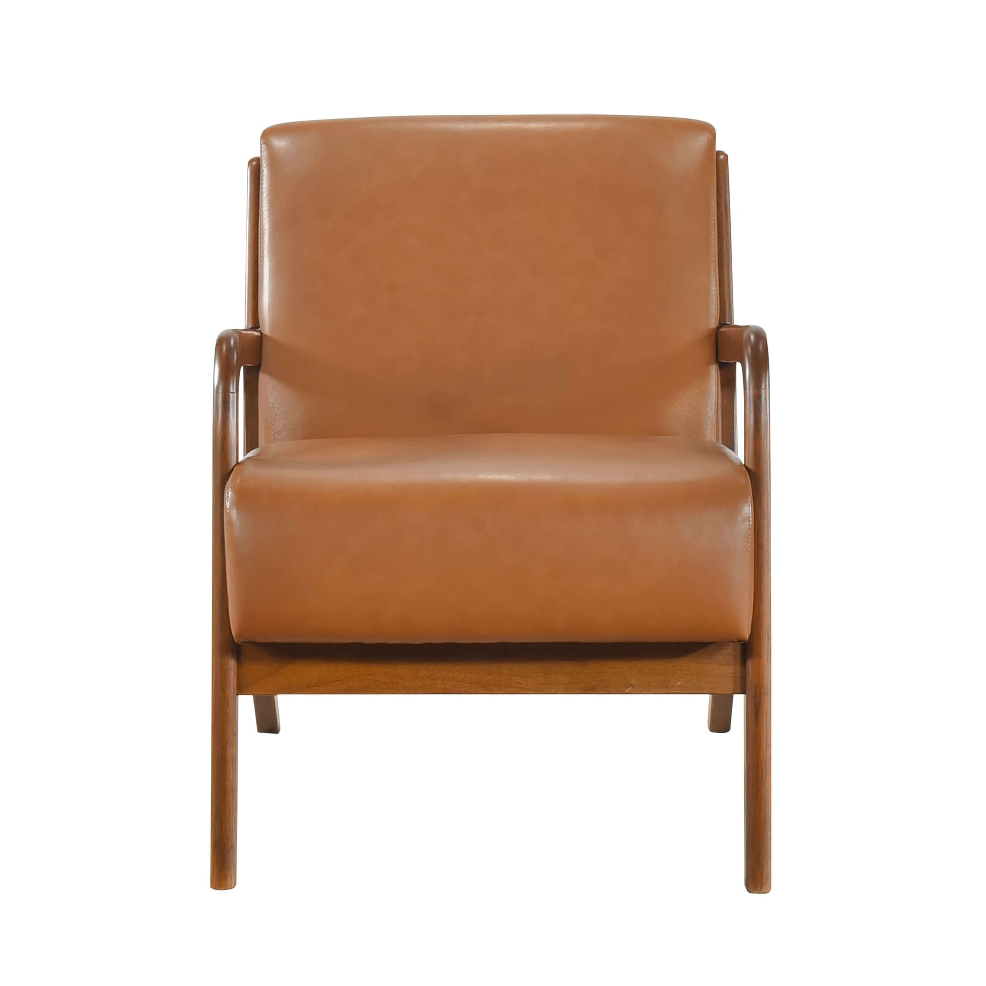 Faux Leather Walnut Finish Armchair – Mid-Century Modern Wood Frame Accent Chair in warm brown upholstery
