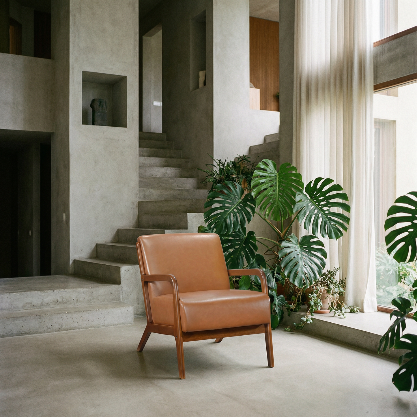 Faux Leather Walnut Finish Armchair – Mid-Century Modern Wood Frame Accent Chair
