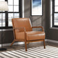 Faux Leather Walnut Finish Armchair – Mid-Century Modern Wood Frame Accent Chair in a stylish living room setting.