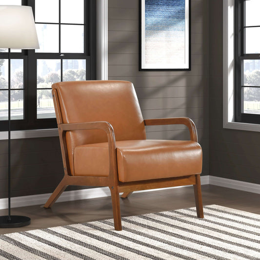 Faux Leather Walnut Finish Armchair – Mid-Century Modern Wood Frame Accent Chair in a stylish living room setting.