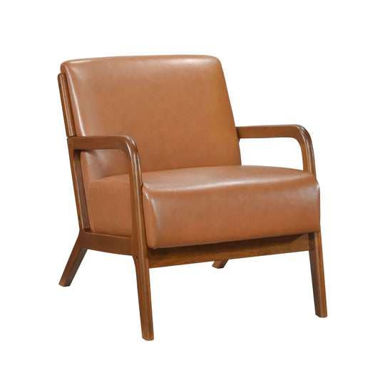 Faux Leather Walnut Finish Armchair – Mid-Century Modern Wood Frame Accent Chair in warm brown color.
