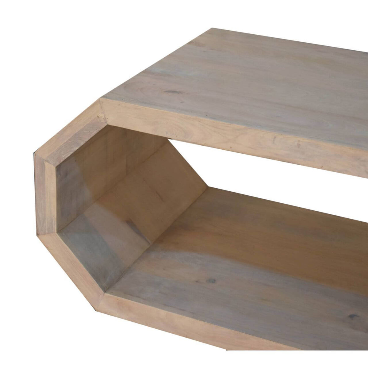 Solid wood hexagonal coffee table showcasing a unique geometric design with an open-frame construction.