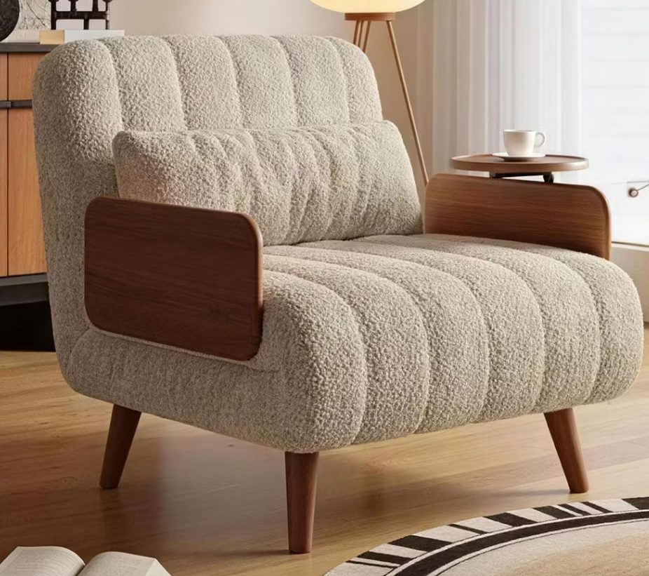 Keswick Beige Convertible Accent Chair – Solid Wood Arm Lounge Sleeper