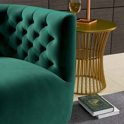 Delaney Tufted Swivel Barrel Chair – Modern Accent Chair (Multiple Colors & Fabrics) with green upholstery and gold side table.