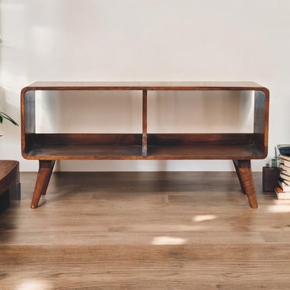 Rune Chestnut Solid Wood Media Console – 39.4" Curved TV Stand with Nordic Legs