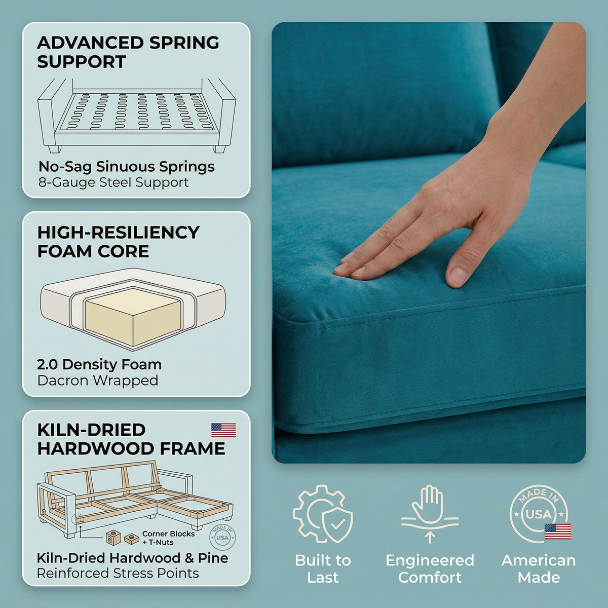 Damon L-Shaped Sectional Sofa – 120" Chaise Sectional in Fabric & Velvet - Hepburn Teal - Fabric (7)