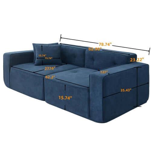 Dimensions of a modern low profile box arm memory foam sofa in blue with labeled measurements for easy reference.