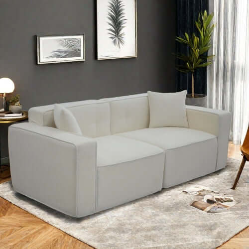Modern low profile box arm memory foam sofa in light gray, perfect for stylish living room comfort.