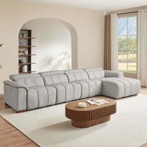 Wall-Hugger Power Reclining Leather Sectional – 4 Seat L-Shape Recliner Sofa with USB (144") in a modern living room setting.