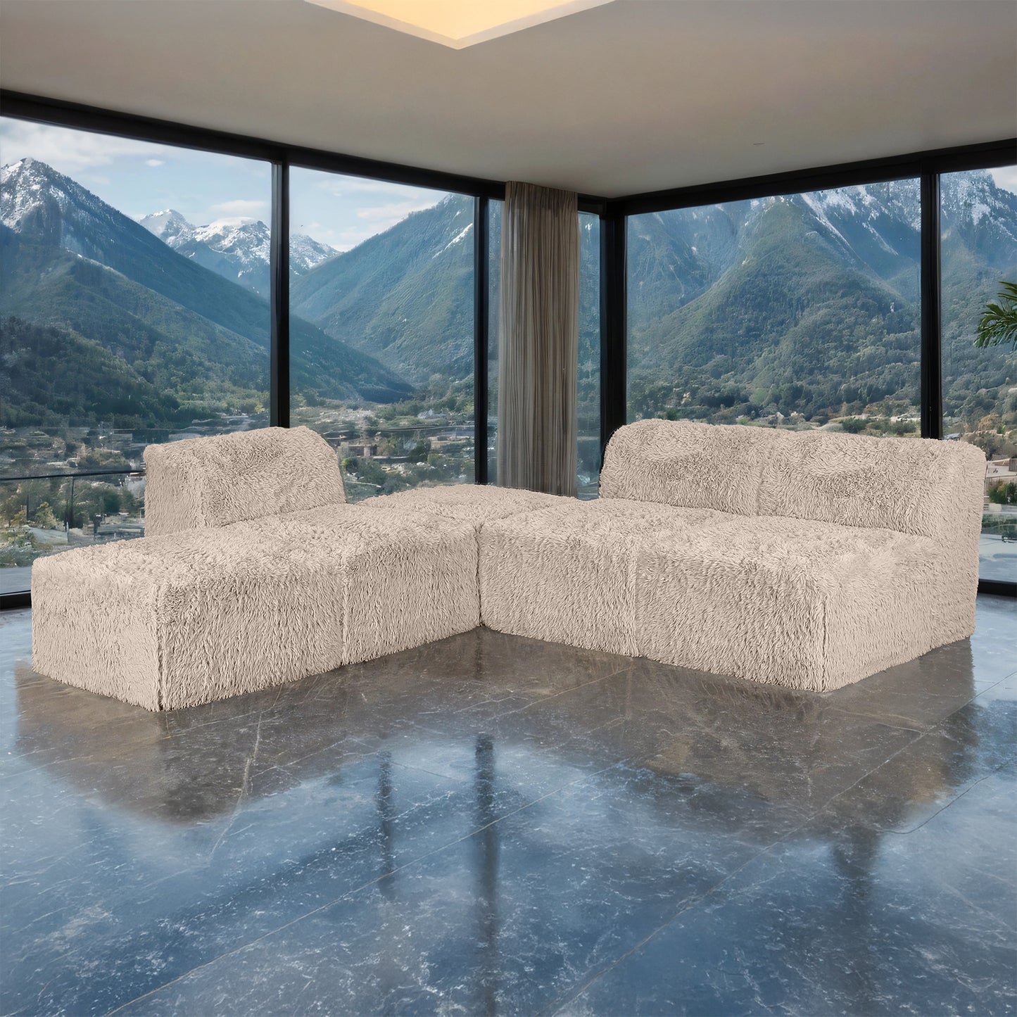 Fenwick Faux Fur Modular Sectional Sofa – Taupe Armless & Ottoman Set