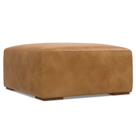 Rex Genuine Leather Square Ottoman in tan, 34'W, perfect for footrest or coffee table alternative.