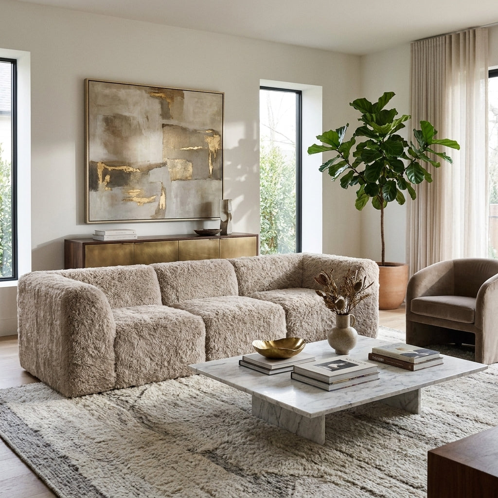Fenn Faux Fur Modular Sofa – 107" Taupe Sectional, 2 Corner Wedges + Chair – view 2
