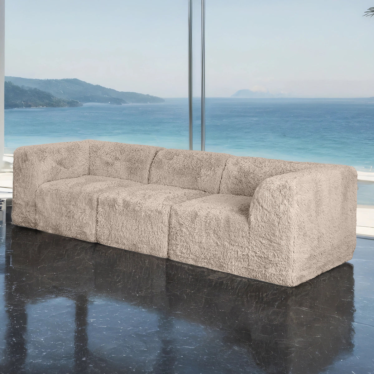 Fenn Faux Fur Modular Sofa – 107" Taupe Sectional, 2 Corner Wedges + Chair – view 4