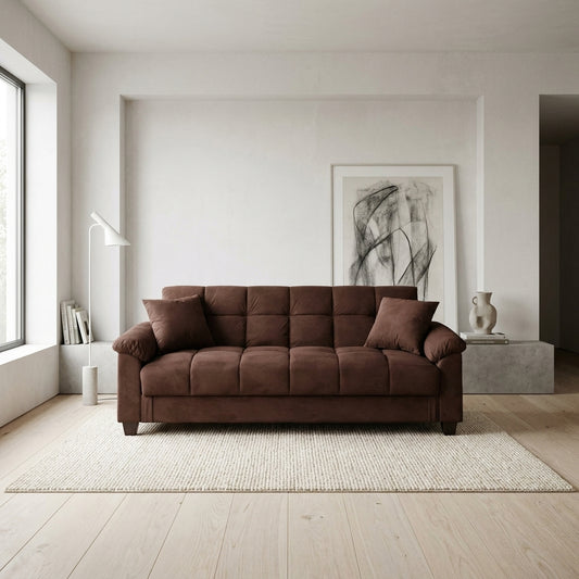 Fenn Microfiber Adjustable Storage Sofa – 84" Chocolate Convertible Futon with Pillows – view 2