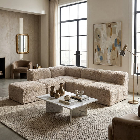 Fenwick Faux Fur Modular Sectional Sofa – Taupe Armless & Ottoman Set – view 2