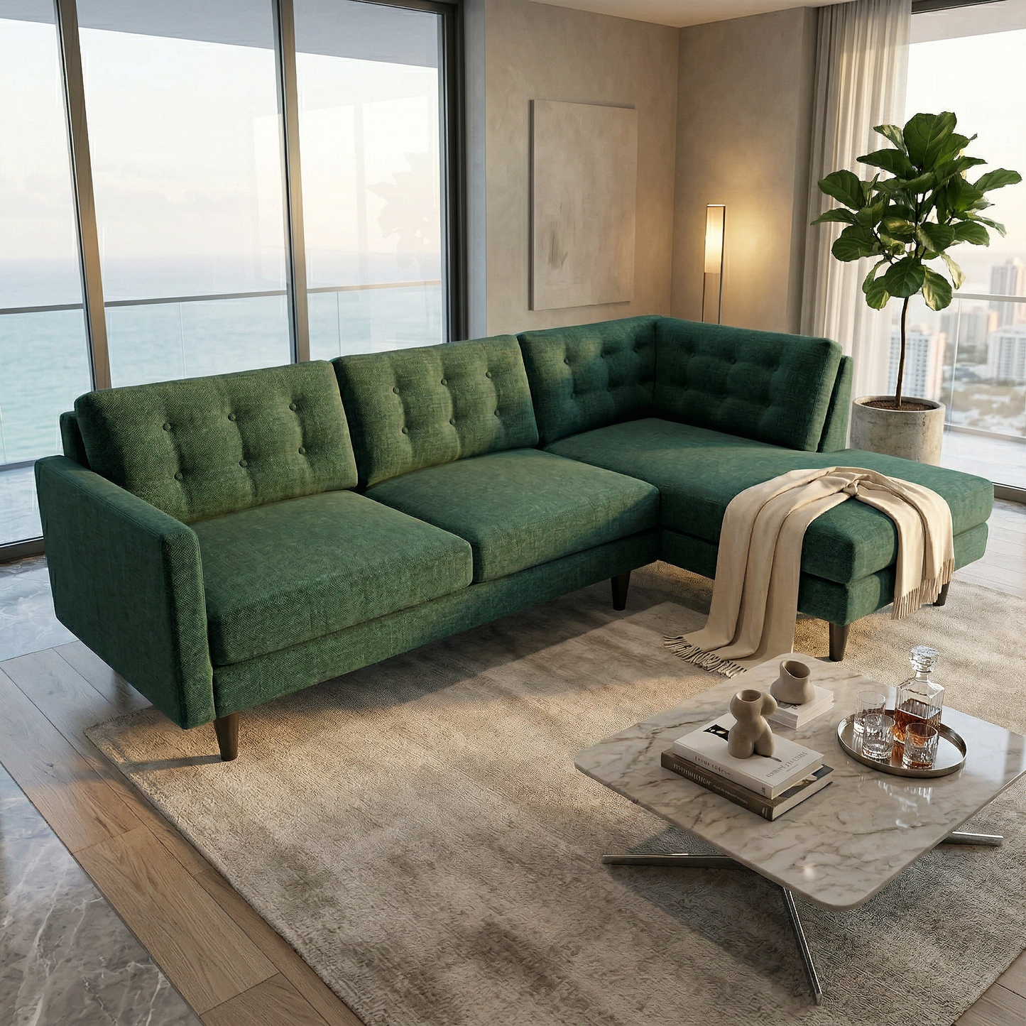 Talmadge Sectional Sofa – 120" L-Shaped, Made in USA - Velvet Antique Kelly Green - Velvet (1)