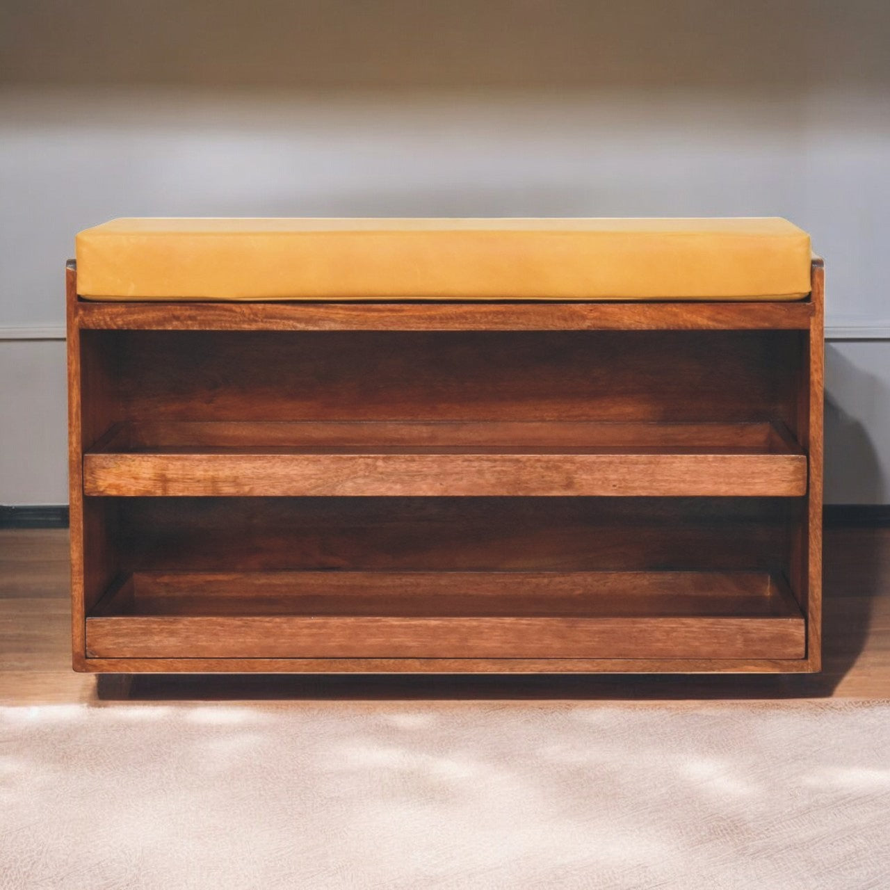 Stig Buffalo Leather Shoe Storage Bench – 35.4" Honey Caramel Mango Wood Bench