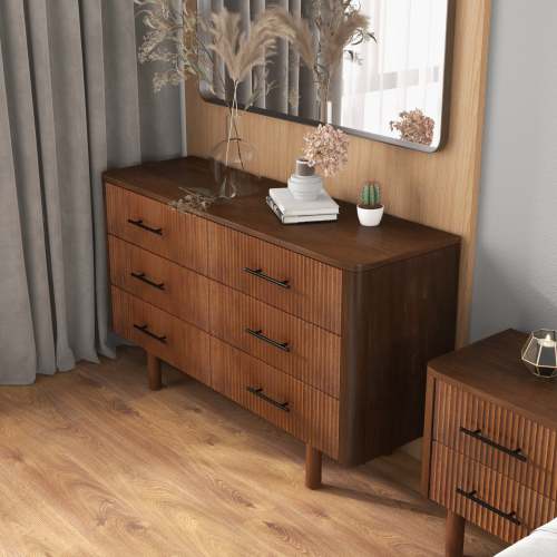 Logan Solid Wood 6-Drawer Dresser – 55” Walnut Bedroom Storage (Mid-Century Modern)