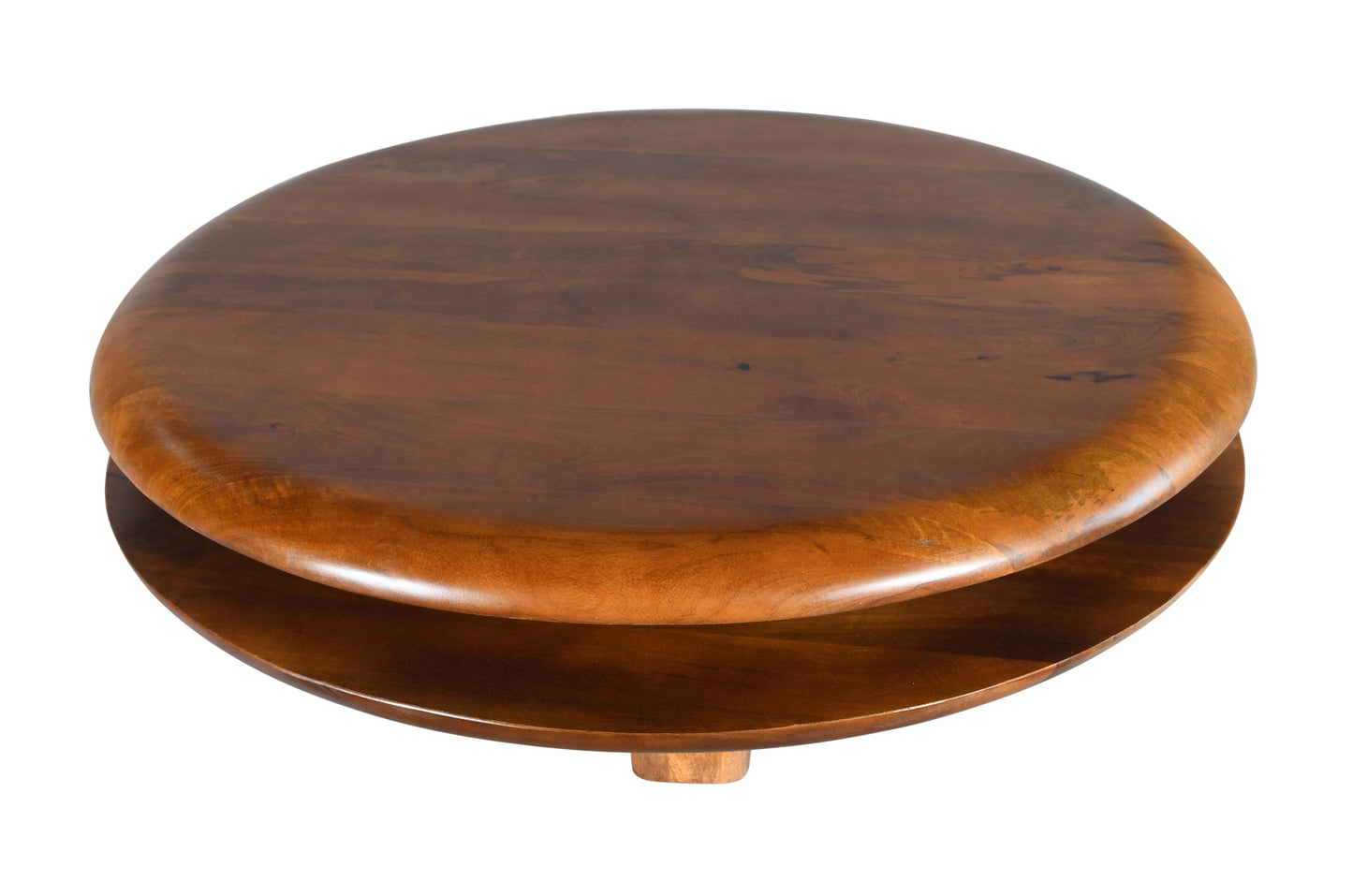 Floating Round Coffee Table with a smooth dark brown solid wood finish and two-tiered design.