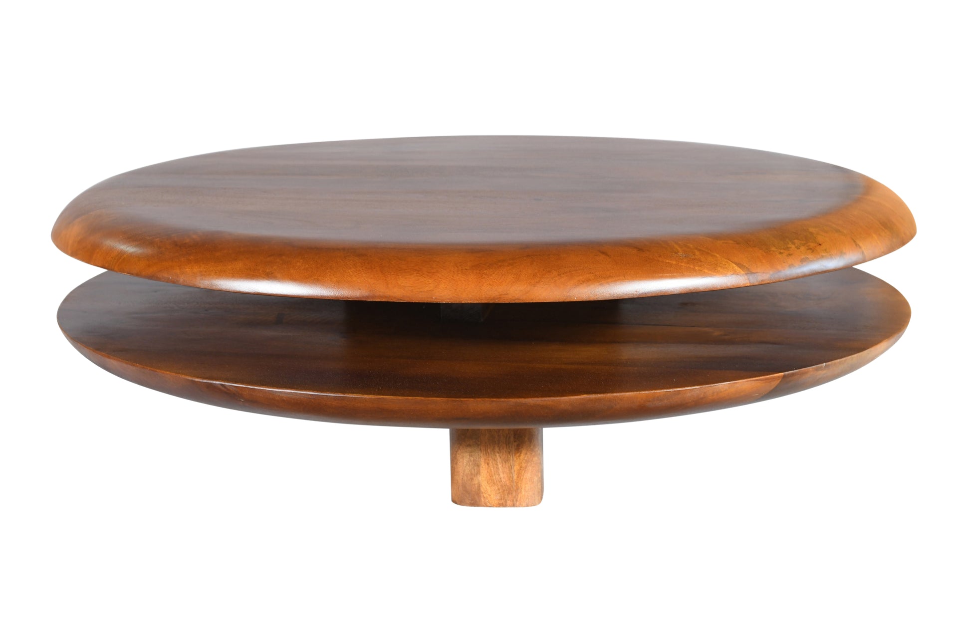 Floating Round Coffee Table made of solid wood with a dark brown finish and two-tiered design.
