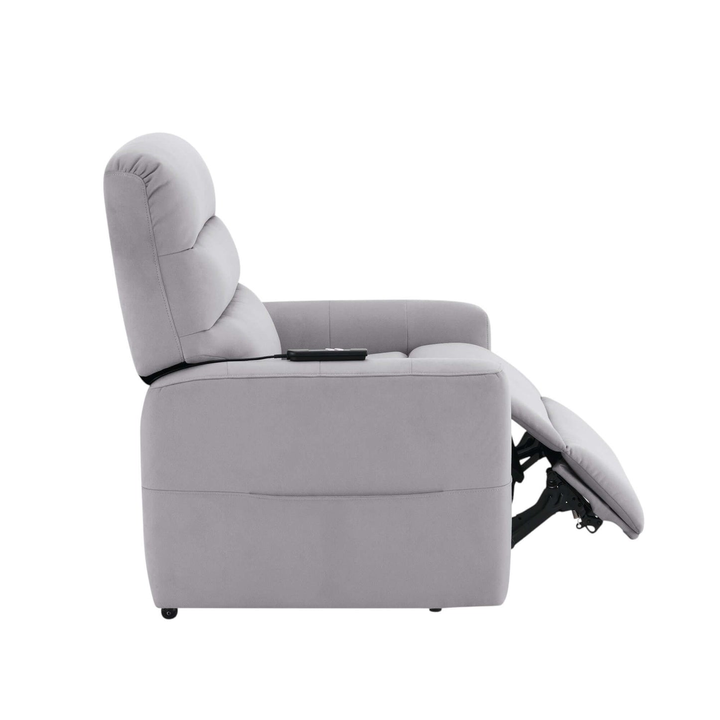 Freddie Gray Leather Aire Power Motion Recliner w/Lift in gray leather upholstery side view reclining position.