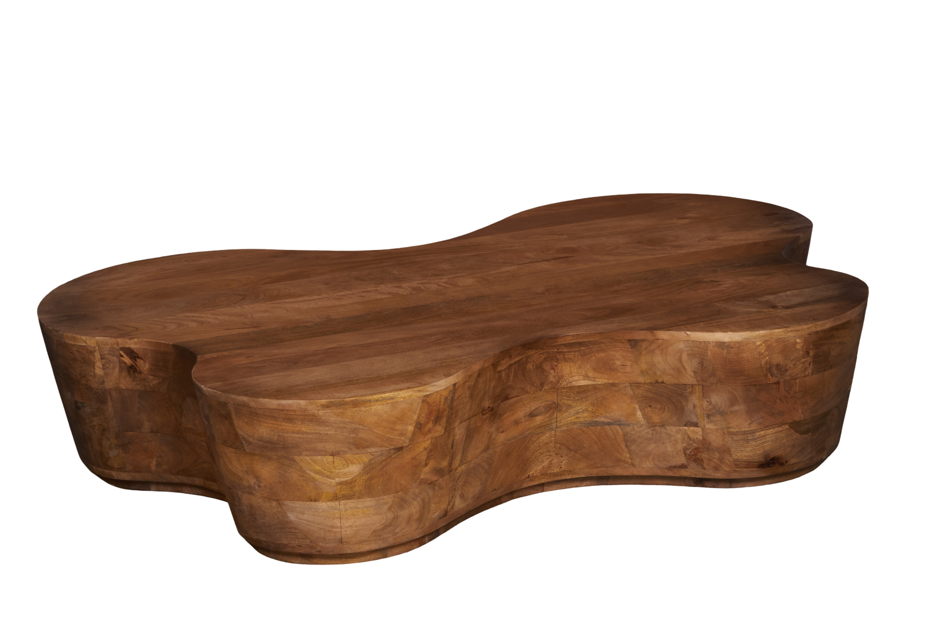 Free Form Solid Wood Premium Coffee Table featuring a unique oval shape and contemporary design.
